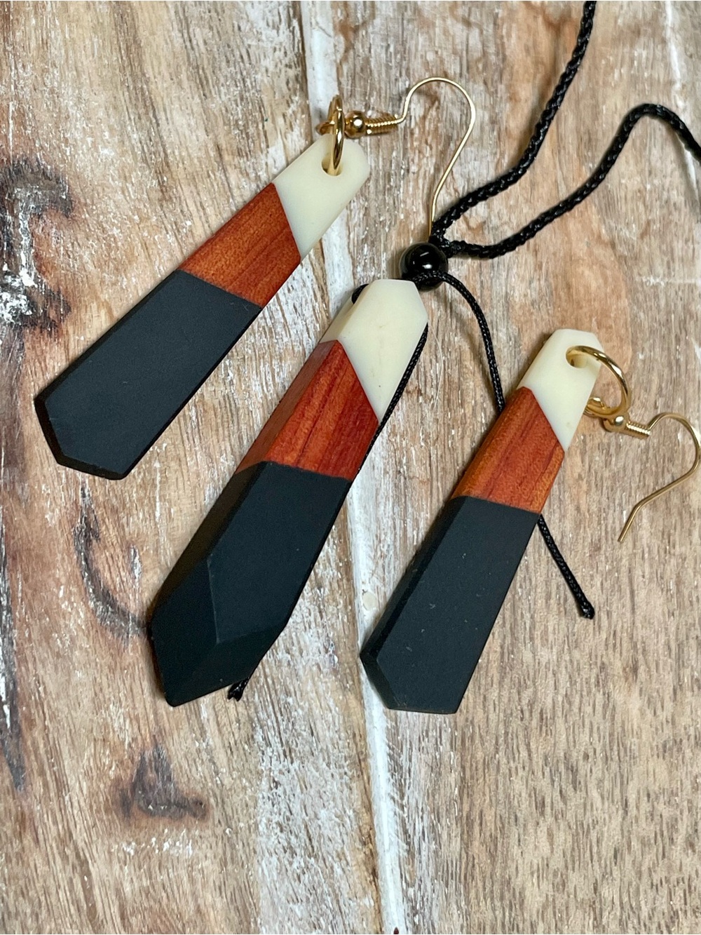 Handmade Tri-Tone Geometric Drop Earrings and Necklace in Cream, Wood & Black. - Picture 3 of 4